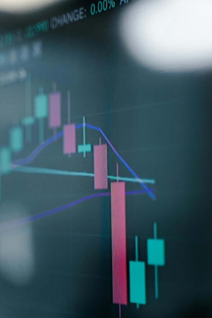 Close-up of a digital stock market chart showcasing analytics on a screen.